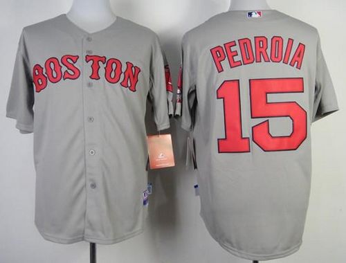 Red Sox #15 Dustin Pedroia Stitched Grey MLB Jersey - Click Image to Close